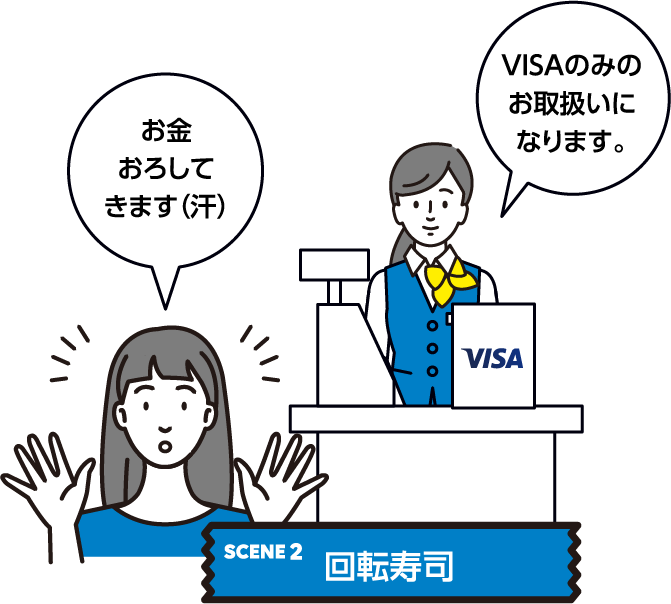 SCENE2:回転寿司店でVISAのみのカードしか使えず、現金をおろしに行った